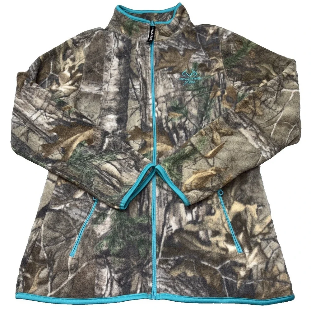 Realtree Xtra Fleece Jacket Women's Sm Full Zip Camo Teal Trim Thumb Holes